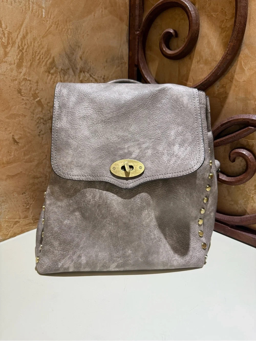 Taupe Faux-Leather Studded Backpack with Gold Turn-Lock